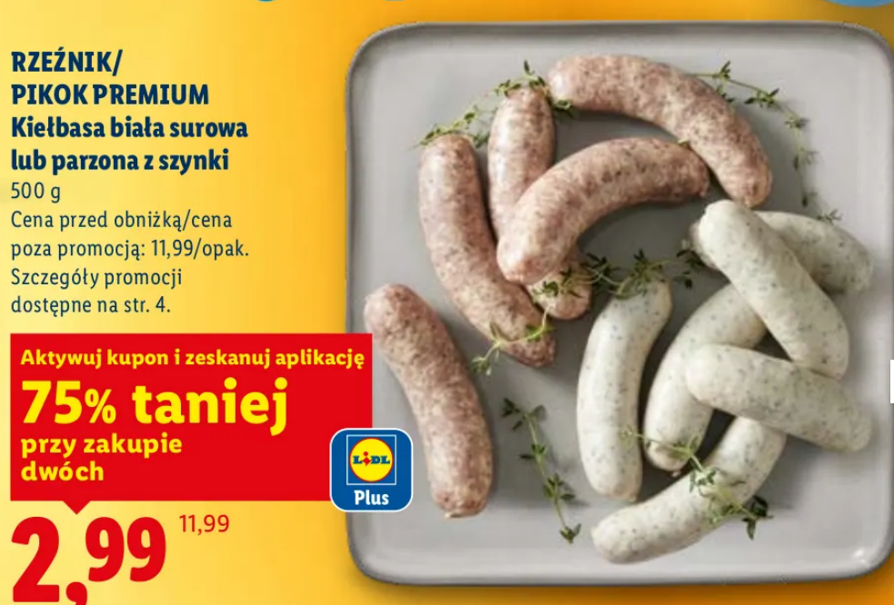 Biała kiełbasa surowa lub parzona z szynki RZEŻNIK/PIKOK PREMIUM, 500mg (przy zakupie 2 op.)