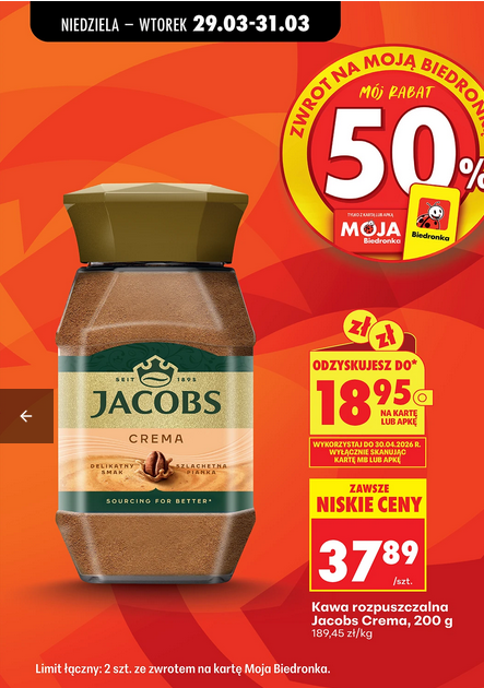 Kawa rozpuszcalna Jacobs Crema, 200g (ZWROT 50%)