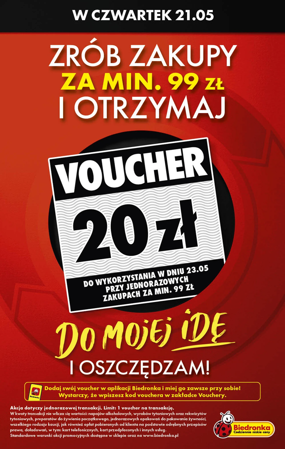VOUCHER 20% na kolejne zakupy, Biedronka, MWZ 99 PLN