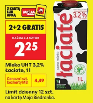Mleko UHT 3.2 % Łaciate 1 L (2+2 GRATIS)
