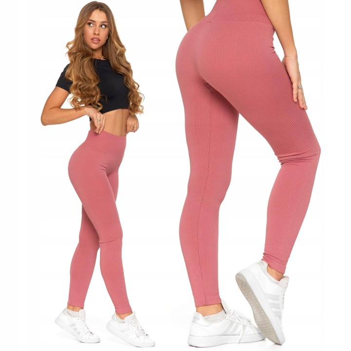 Legginsy Prążkowane Damskie z Wysokim Stanem Modne Getry Różowe MORAJ S/M