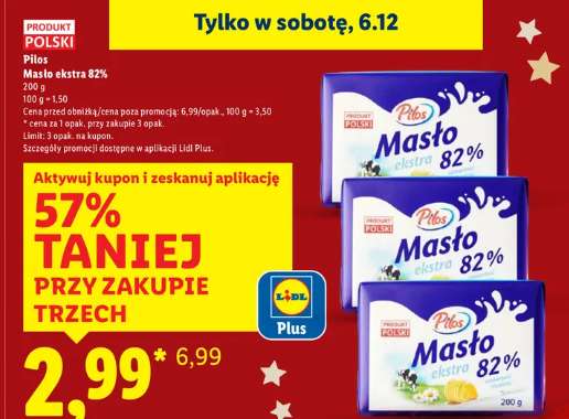 Masło ekstra 82% Pilos w GIGA promocji za 2,99 zł w Lidlu tylko w sobotę