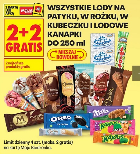 Wszystkie lody na patyku, w rożku, w kubeczku i lodowe kanapki do 250ml (2+2 GRATIS)