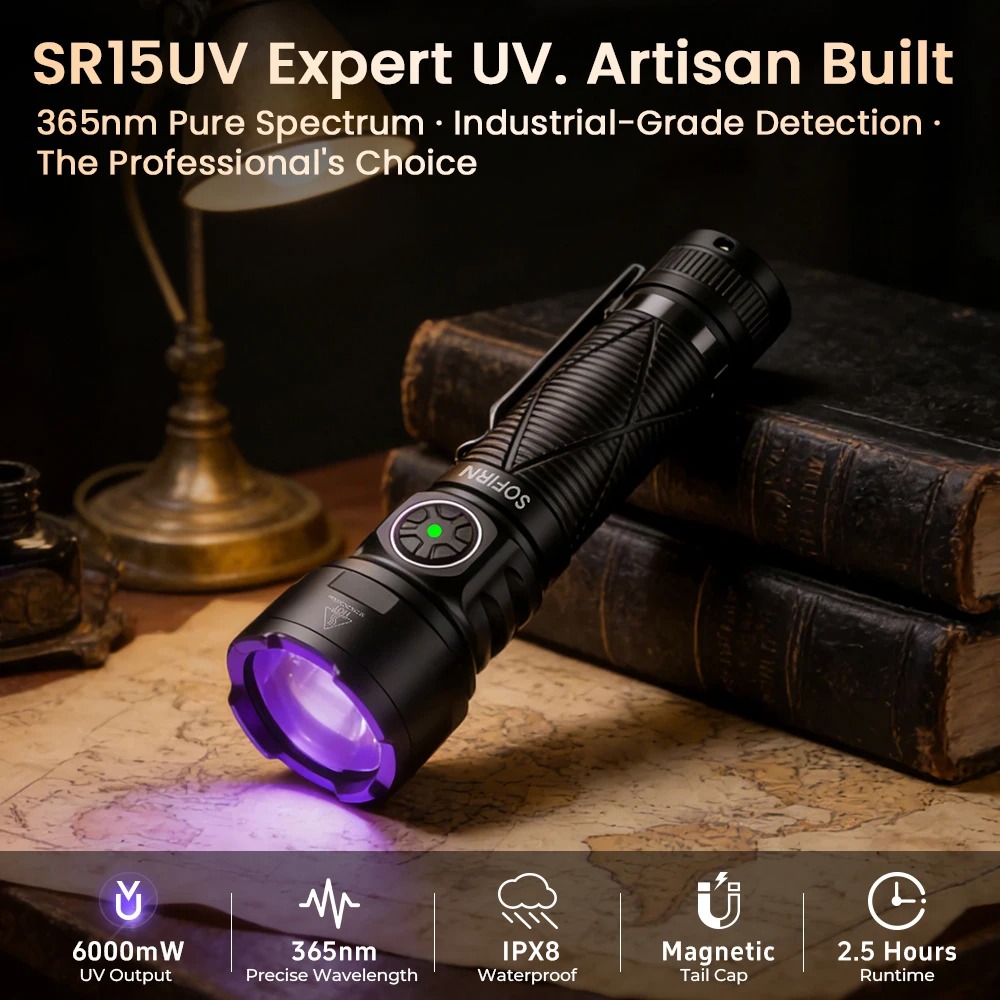 Latarka Sofirn SR15 UV 365nm - dioda SST08 6000mW, akumulator 5000mAh, USB-C, magnes - $37.25 (możliwe ~115zł w monetach)