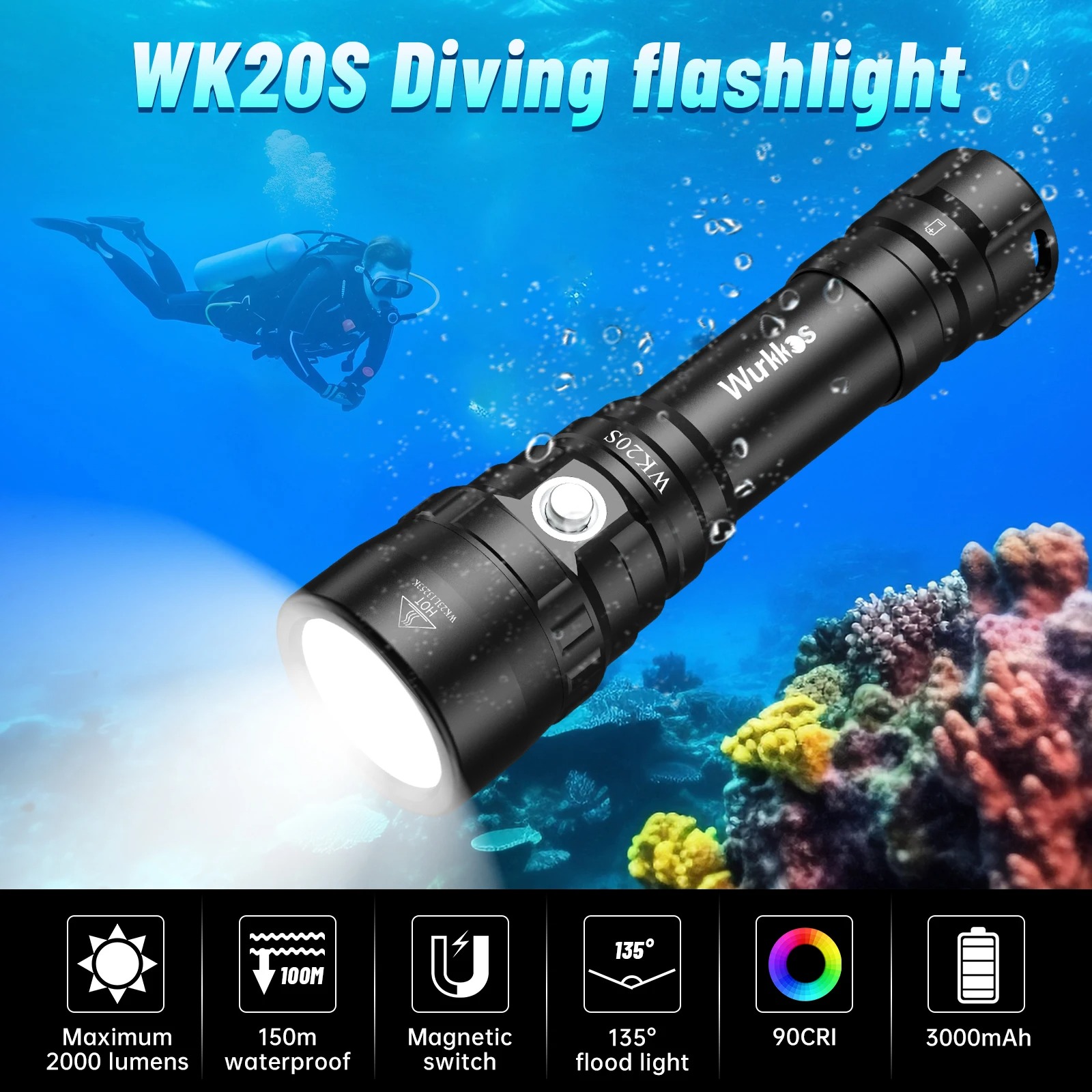 Latarka nurkowa Wurkkos WK20S 2000lm 300m SST40 5000K 90CRI IPX8 + ogniwo 3000mAh (możliwe ~74zł w monetach)