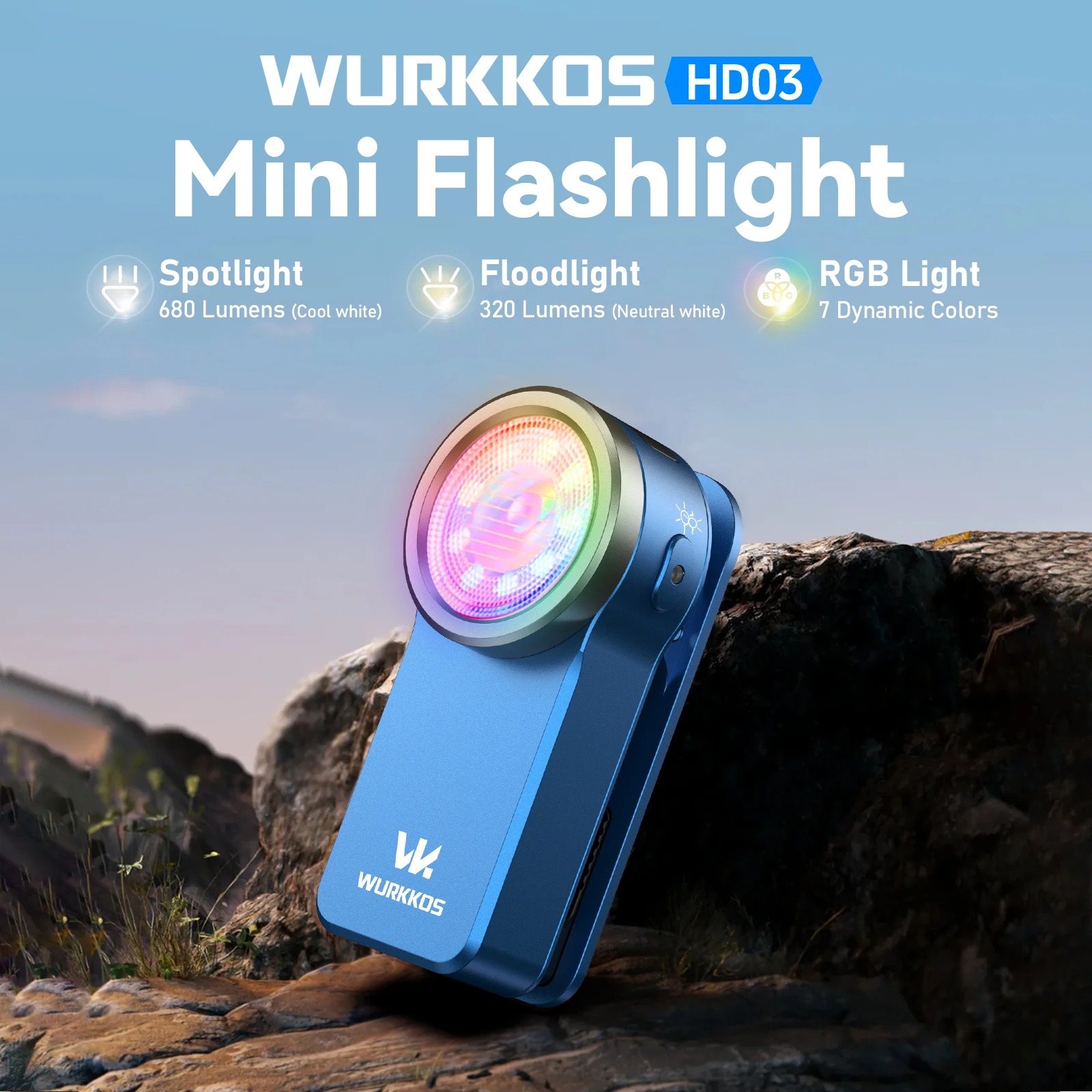 Latarka na klips Wurkkos HD03 Mini (~40zł z monetami) - moc 680lm, waga ~50g, 3 tryby (spot/flood/RGB), magnes, USB-C, IPX6 - $14.16