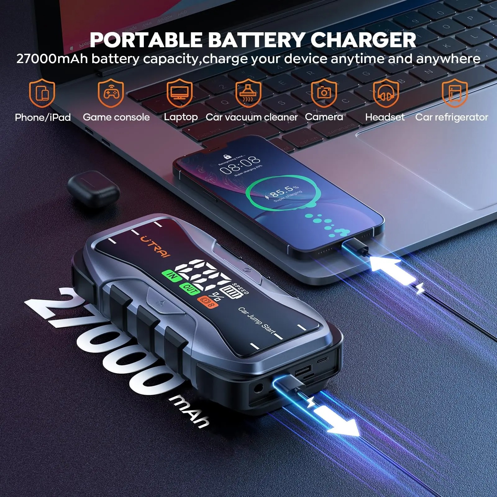 UTRAI JS-10 6000A 27000mAh - powerbank rozruchowy z USB-C 65W 20V/3,25A (dostawa z Polski) - $65.03