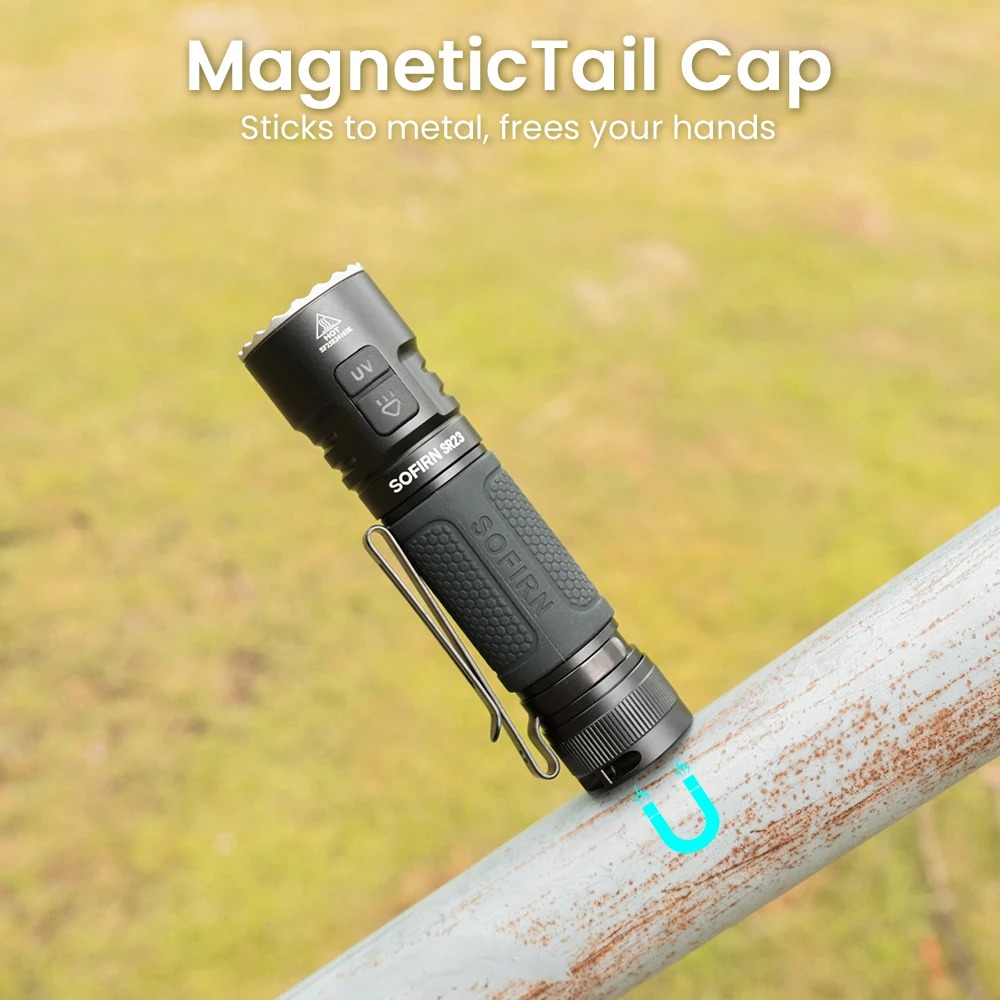 Latarka Sofirn SR23 z diodą UV - moc 3300lm (365nm UV), zasięg ~200m, akumulator 5000mAh, USB-C, IP68, magnes - $26.96