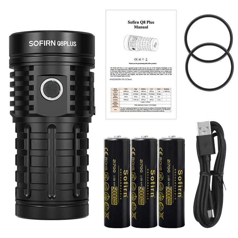 Latarka Sofirn Q8 Plus 16000lm Anduril 2.0 + 3* ogniwo 5000mAh - wysyłka z Polski (wbudowana ładowarka USB-C, funkcja powerbank)