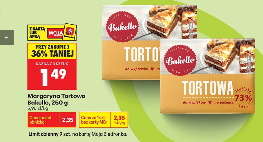 Margaryna Tortowa Bakello, 250g (przy zakupie 3 sztuk)