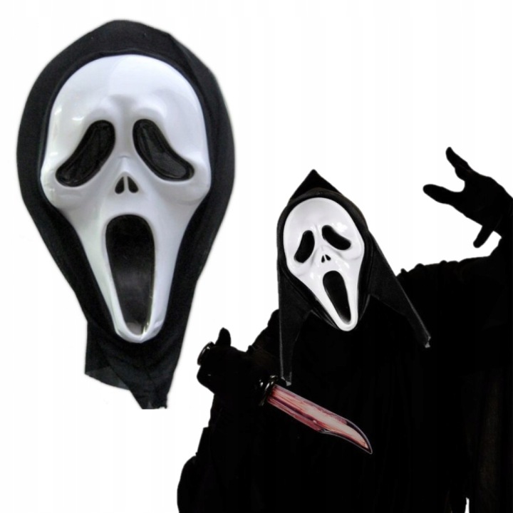 MASKA KRZYK Z KAPTUREM MASKI SCREAM HALLOWEEN IMPREZA HORROR STRASZNY FILM