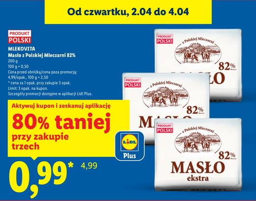 MLEKOVITA masło z Polskiej Mleczarni 82%, 200g (przy zakupie 3 szt.)