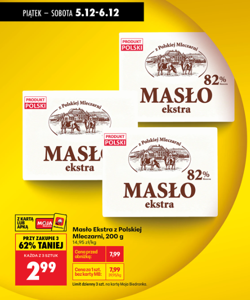 Masło ekstra 82% z Poslkiej Mleczarni w Biedronce za 2,99 zł przy zakupie 3 sztuk
