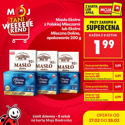 Masło Ekstra z Polskiej Mleczarni lub Ekstra Mleczna Dolina 200g w Biedronce za 1,99 zł