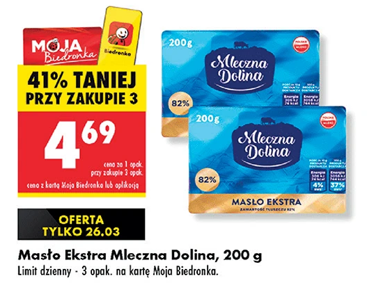 Promocja na masło Ekstra Mleczna Dolina w Biedronce przy zakupie 3 sztuk.