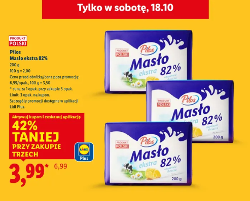 Masło ekstra Pilos 82 za 3,99 zł w Lidlu przy zakupie 3 sztuk