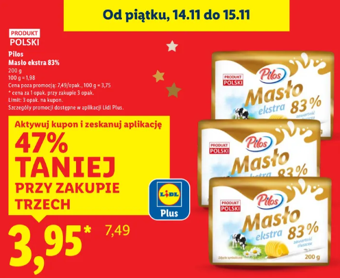 Masło ekstra Pilos w Lidlu od jutra do soboty (14.11 do 15.11)