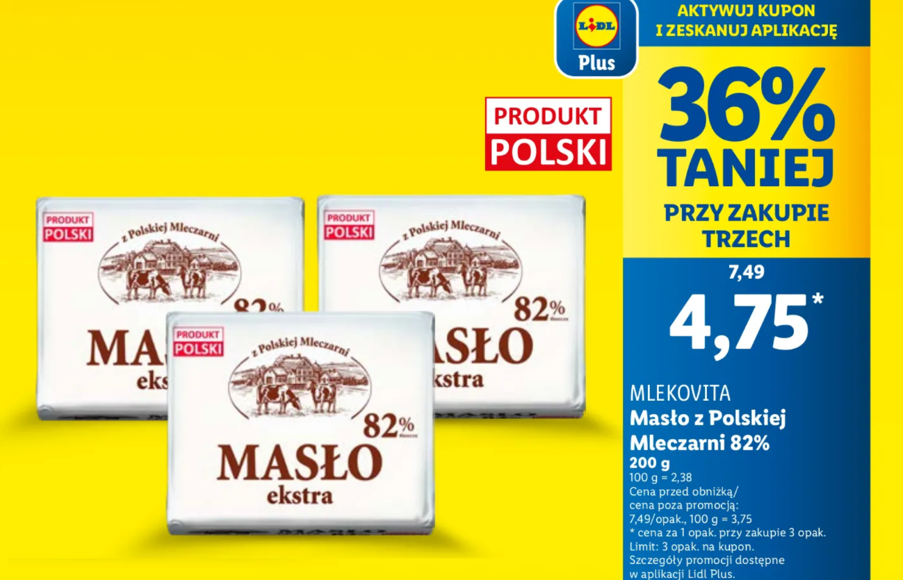 Promocja na masło ekstra Mlekovita Lidl przy zakupie 3 szt.