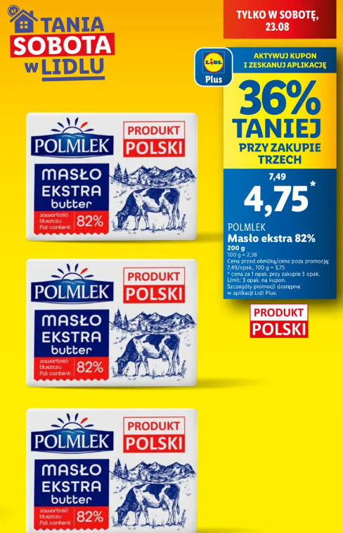 Masło ekstra 82% Polmlek 200g w Lidlu w sobotę