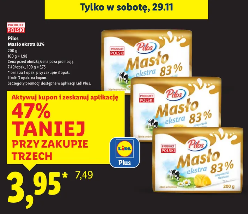 Masło ekstra 83% Pilos w Lidlu tylko w sobotę 29.11