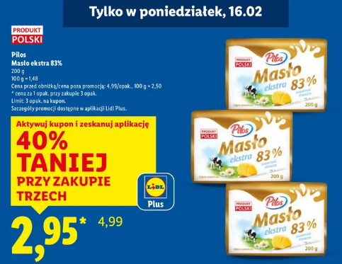 Masło ekstra Pilos w Lidlu za 2,95 zł tylko w poniedziałek 16.02