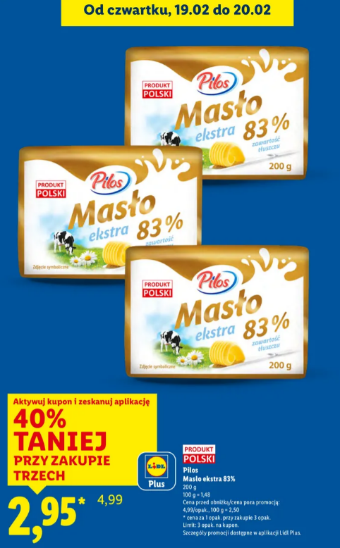 Masło ekstra Pilos w Lidlu przy zakupie 3 sztuk za 2,95 zł