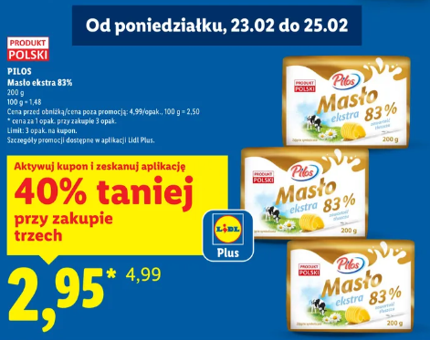 Masło ekstra PILOS 83% do środy w Lidlu w promocji