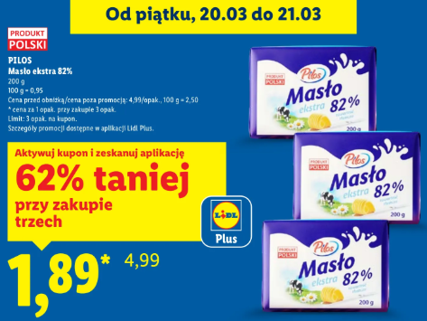 Masło Pilos w Lidlu od piątku 20.03 do soboty 21.03 za 1,89