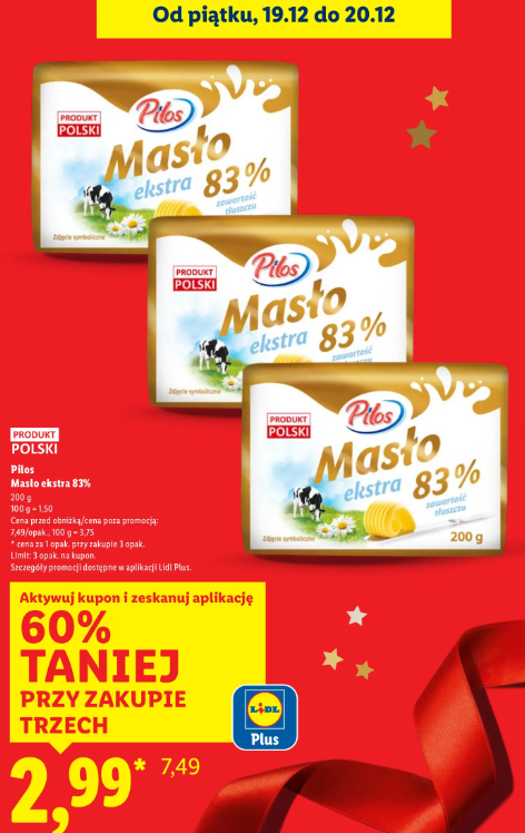 Masło ekstra Pilos 83% przy zakupie 3 opakowań za 2,99 zł sztuka w Lidlu
