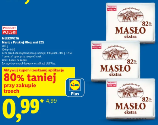 Masło ekstra z Polskiej Mleczarni Mlekovita w Lidlu za 99 gr przy zakupie 3 sztuk