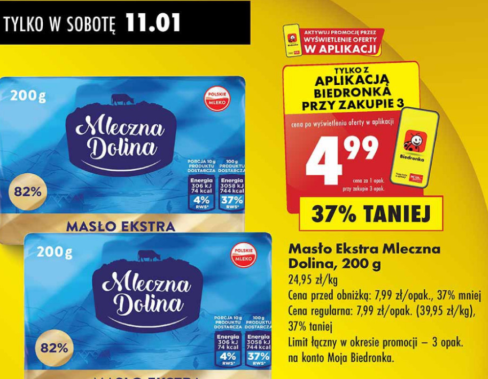 Promocja na masło Mleczna Dolina 200g w Biedronce przy zakupie 3 szt.