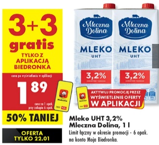 Biedronka Mleko Mleczna dolina UHT 3.2% 3+3 Gratis