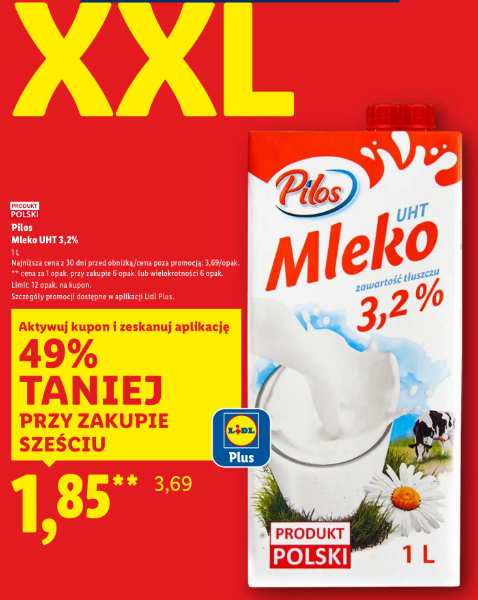 Mleko UHT Pilos 1 L w Lidlu (przy zakupie 6 sztuk)