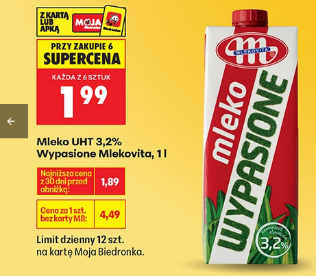 Mleko UHT, 3.2% Wypasione Mlekovita, 1 L (przy zakupie 6 op.)