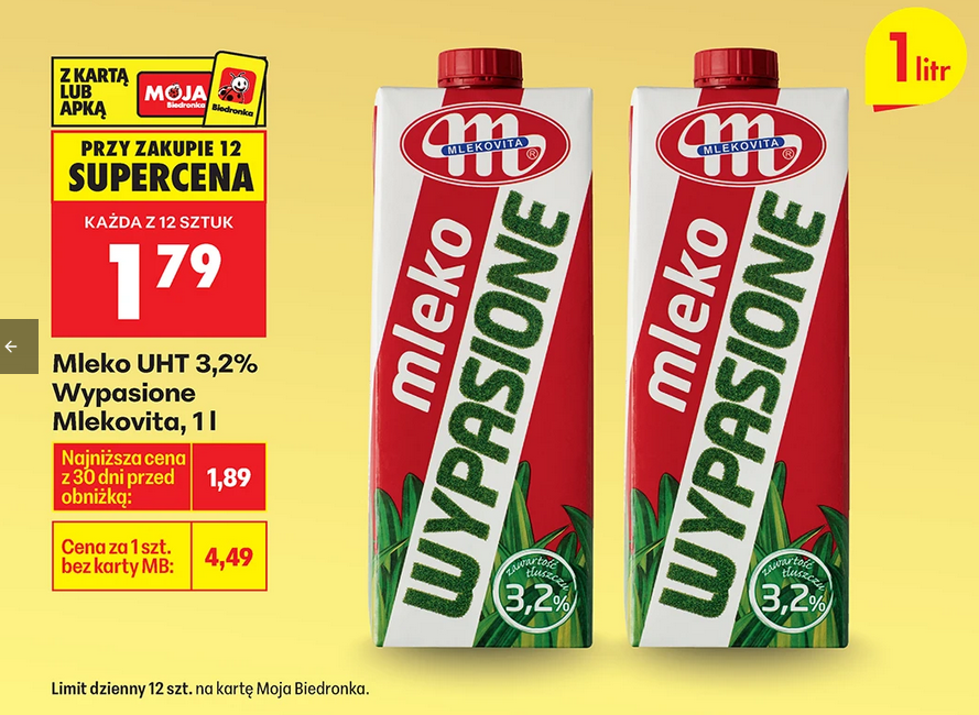 Mleko UHT 3.2% Wypasione Mlekovita, 1 L (przy zakupie 12 szt.)