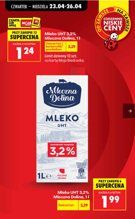 Mleko Mleczna Dolina 3,2% przy zakupie 12 sztuk