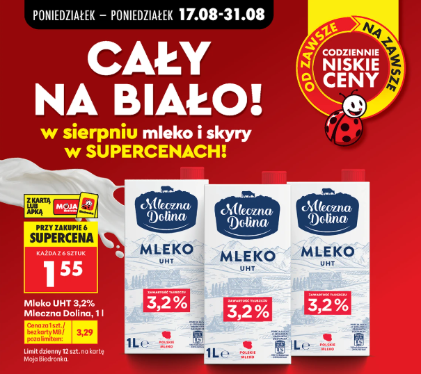 Mleko UHT 3,2% Mleczna Dolina 1l przy zakupie 6 szt.
