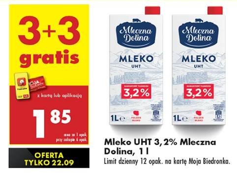 Mleko w Biedronce 3+3 gratis tylko dziś 22.09