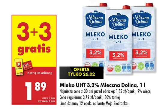 Mleko UHT Mleczna Dolina 3,2% w Biedronce 3+3 gratis