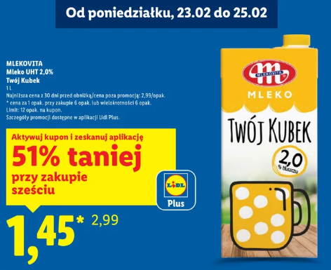 Mleko UHT 2,0% tłuszczu Mlekovita w promocji w Lidlu