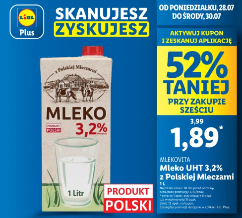 Mleko w Lidlu za 1,89 zł do środy przy zakupie 6 sztuk