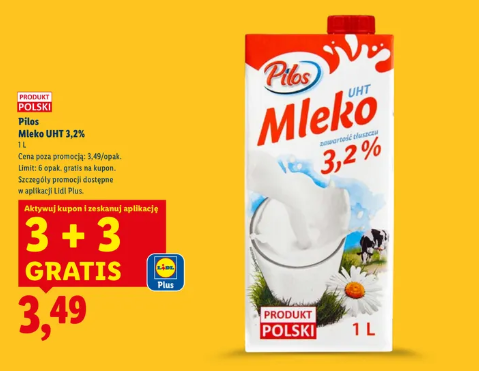 Mleko UHT Pilos 3,2% w Lidlu tylko dziś przy zakupie 6 sztuk (3+3 gratis)
