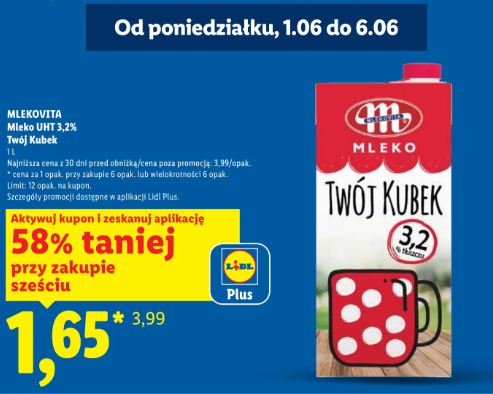 Mleko Mlekovita Twój kubek 3,2% tłuszczu w Lidlu