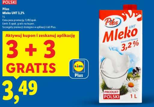Promocja 3+3 gratis na Mleko UHT 3,2% Pilos w Lidlu tylko w piątek 31.10