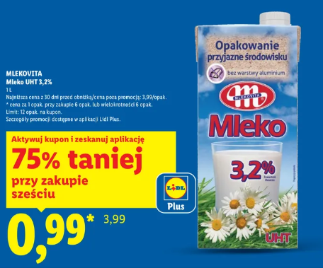 Mleko Mlekovita 1L UHT 3,2% za 99 gr przy zakupie 6 sztuk
