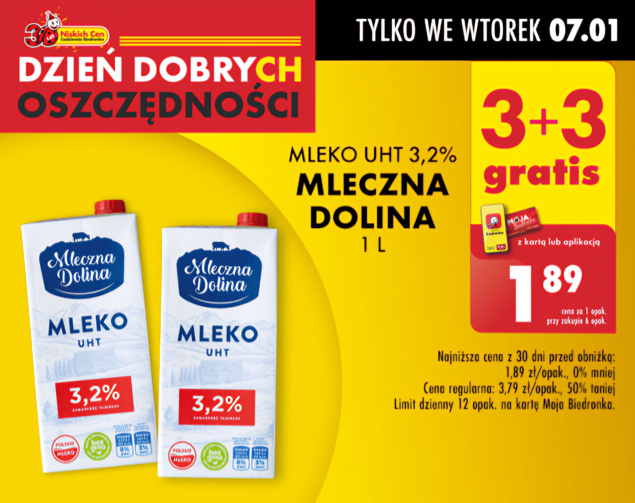 Promocja Mleko w Biedronce UHT Mleczna Dolina 1L 3+3 gratis