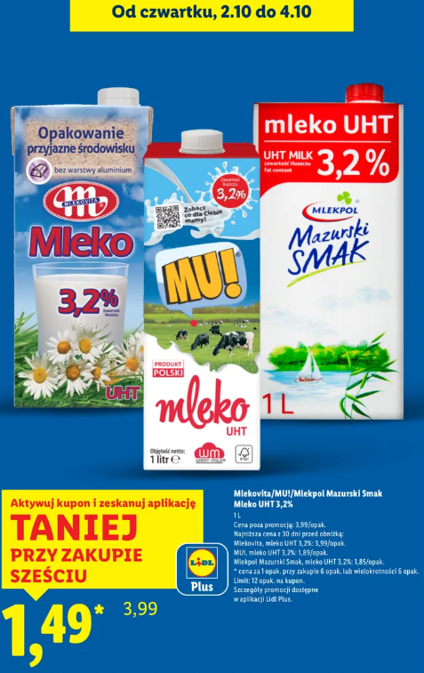 Mleko UHT 3,2% - Mlekovita/ MU! lub Mlekpol za 1,49 zł przy zakupie 6 sztuk w Lidlu