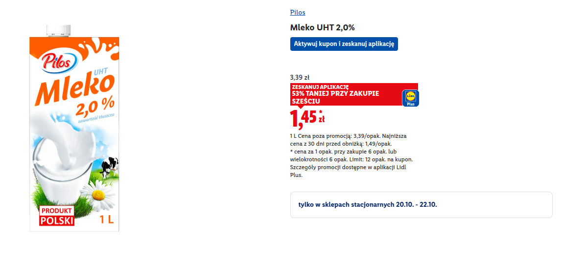 Mleko UHT 2,0% Pilos w Lidlu przy zakupie 6