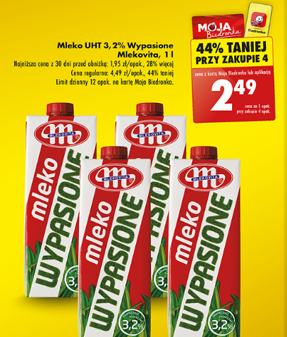 Mleko Mlekovita Wypasione UHT 3,2% tłuszczu w Biedronce i Kauflandzie