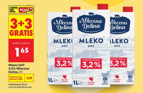 Mleko UHT, 3.2% Mleczna Dolina, 1 L (3+3 GRATiS)